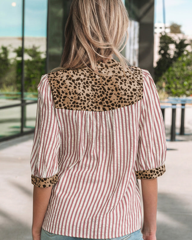Sky Blue Stripe Leopard Trim V Neck Button Down Half Sleeve Shirt