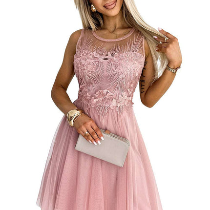 522-1 CATERINA Feminine dress with guipure and delicate tulle - powder pink
