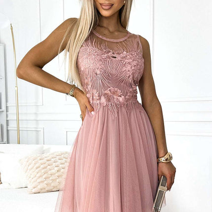 522-1 CATERINA Feminine dress with guipure and delicate tulle - powder pink