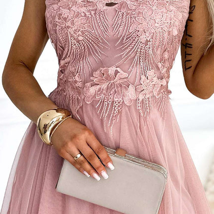 522-1 CATERINA Feminine dress with guipure and delicate tulle - powder pink
