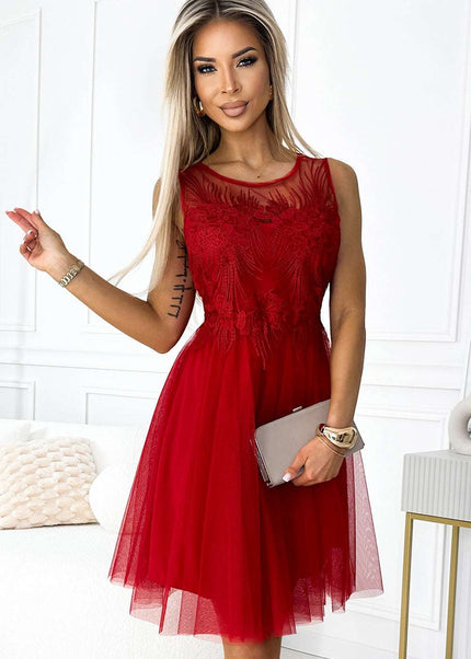 522-3 CATERINA Feminine dress with guipure and delicate tulle - red