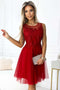 522-3 CATERINA Feminine dress with guipure and delicate tulle - red