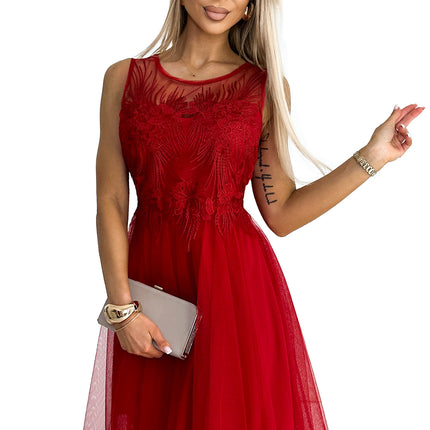 522-3 CATERINA Feminine dress with guipure and delicate tulle - red