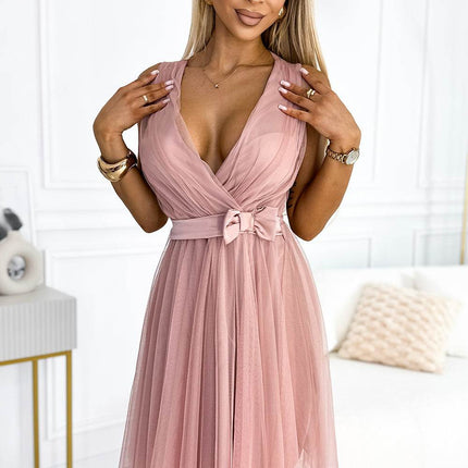 Dirty Pink Tulle Dress with Bow and Neckline