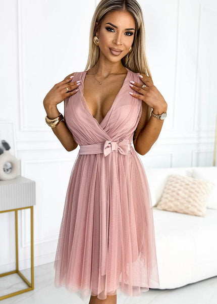 Dirty Pink Tulle Dress with Bow and Neckline