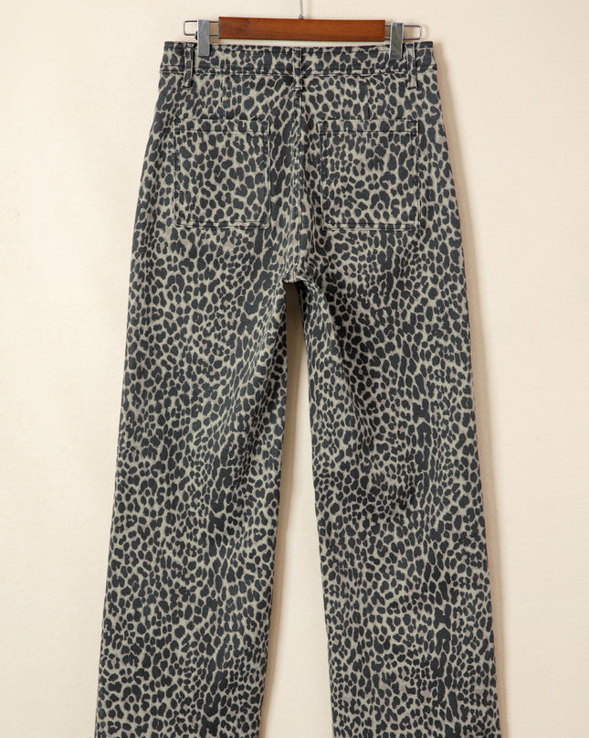 Black Leopard Print Wide Leg High Waist Jeans