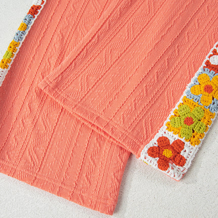 Grapefruit Orange Crochet Floral Accent V Neck Textured Pants Set