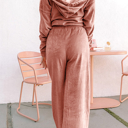 Peach Blossom Velvet Zip-up Hoodie and Wide Leg Pants Set