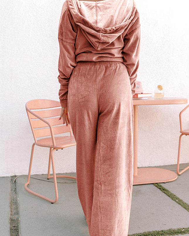 Peach Blossom Velvet Zip-up Hoodie and Wide Leg Pants Set