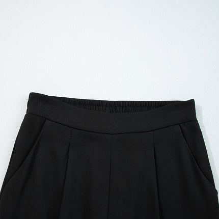 Black Pleated Detail Pull On High Elastic Waist Loose Straight Pants
