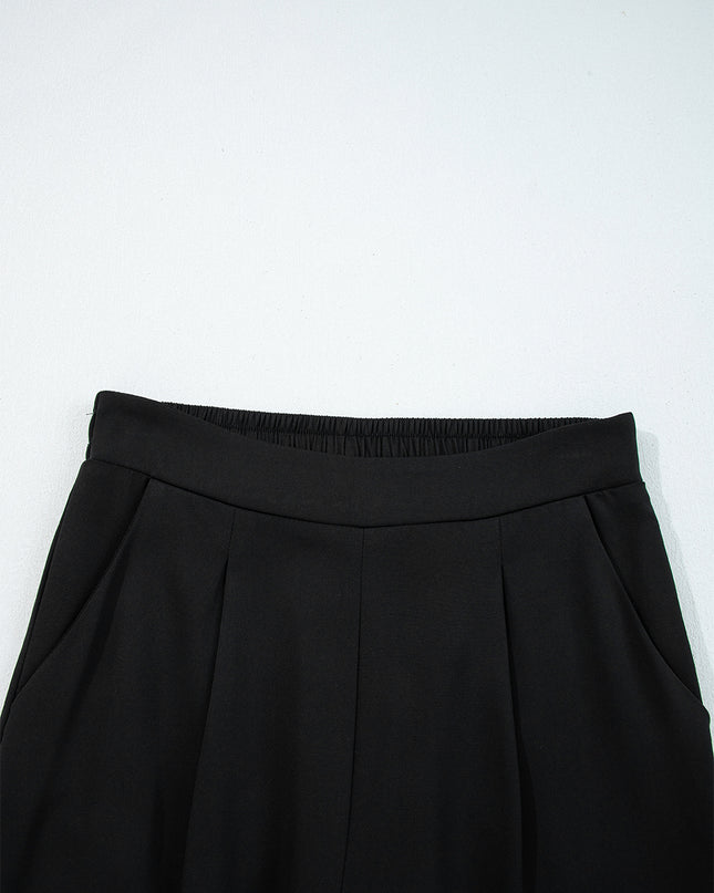 Black Pleated Detail Pull On High Elastic Waist Loose Straight Pants