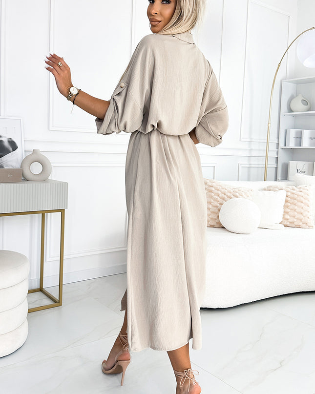 531-1 Midi shirt dress with gold buttons and ties - beige