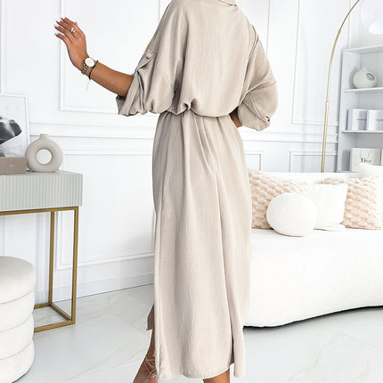 531-1 Midi shirt dress with gold buttons and ties - beige