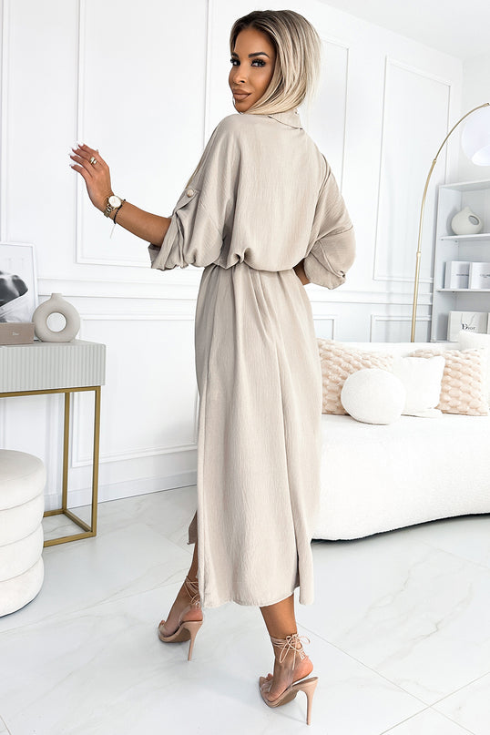 531-1 Midi shirt dress with gold buttons and ties - beige