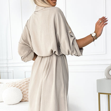 531-1 Midi shirt dress with gold buttons and ties - beige