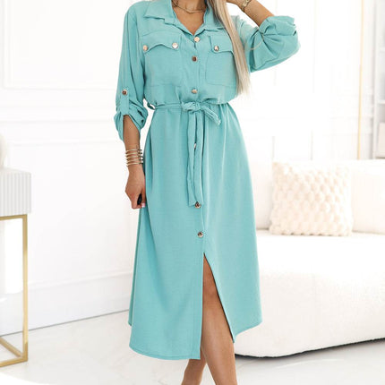 Mint Midi Dress with Gold Buttons and Ties