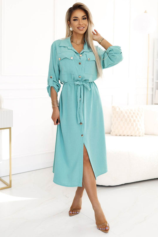 Mint Midi Dress with Gold Buttons and Ties