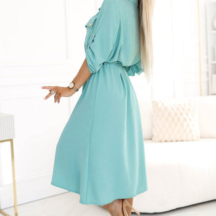Mint Midi Dress with Gold Buttons and Ties