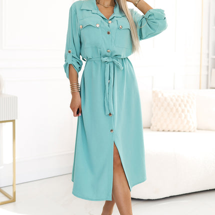 20054-3-531-2 Midi shirt dress with gold buttons and ties - mint-3