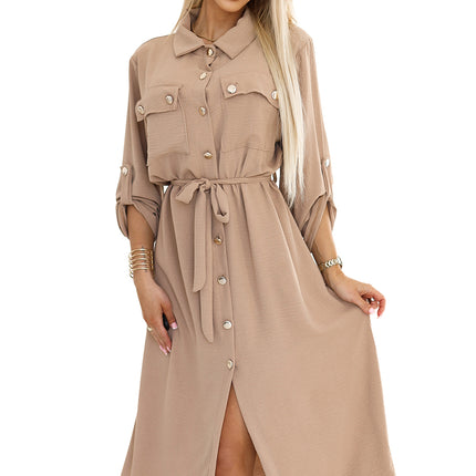 531-3 Midi shirt dress with gold buttons and ties - MOCHA MOUSSE