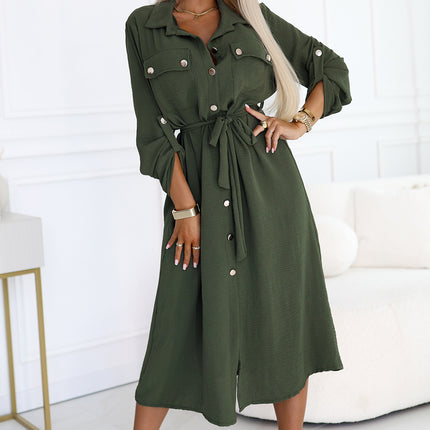 531-5 Midi Shirt Dress with Gold Buttons and Tie - KHAKI