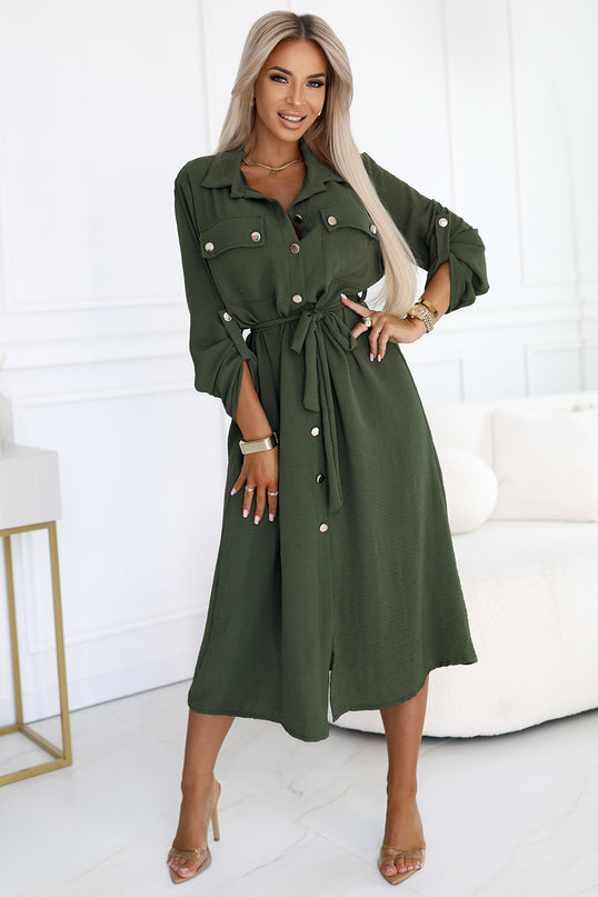 531-5 Midi Shirt Dress with Gold Buttons and Tie - KHAKI