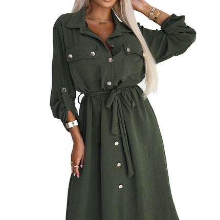 531-5 Midi Shirt Dress with Gold Buttons and Tie - KHAKI