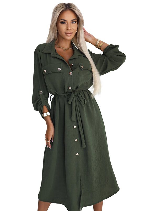 531-5 Midi Shirt Dress with Gold Buttons and Tie - KHAKI
