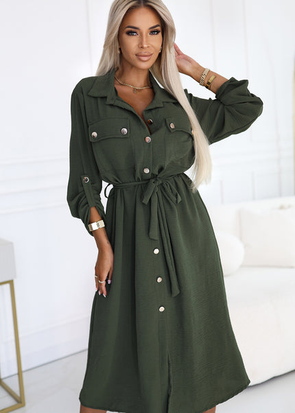 531-5 Midi Shirt Dress with Gold Buttons and Tie - KHAKI
