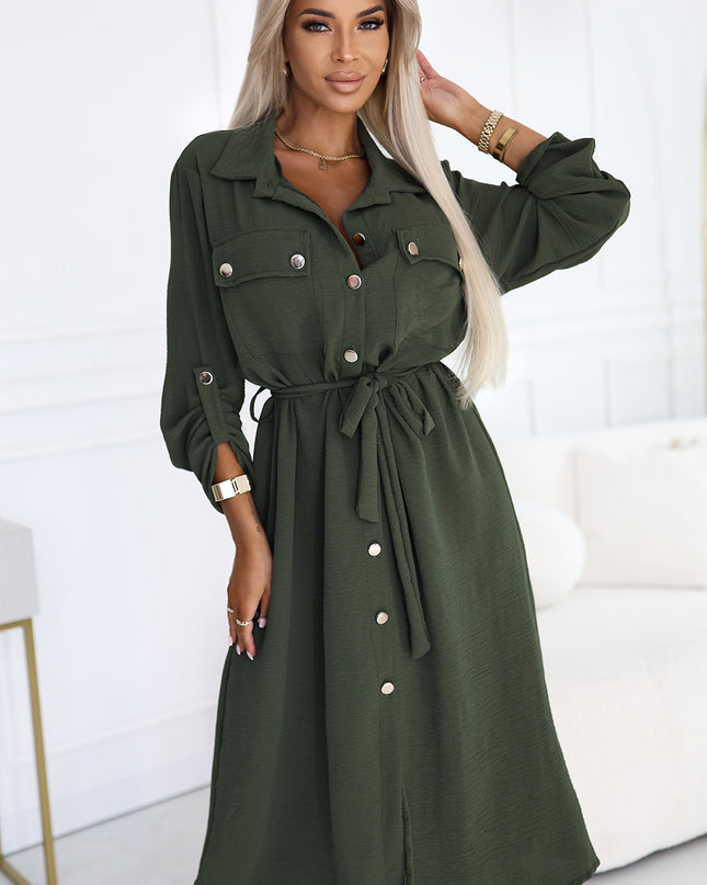 531-5 Midi Shirt Dress with Gold Buttons and Tie - KHAKI