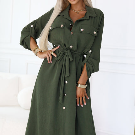 531-5 Midi Shirt Dress with Gold Buttons and Tie - KHAKI