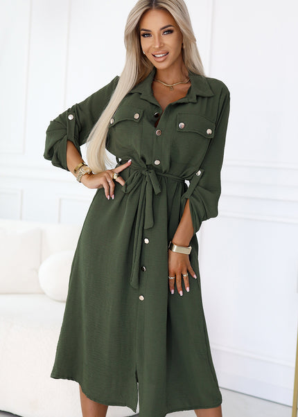 531-5 Midi Shirt Dress with Gold Buttons and Tie - KHAKI
