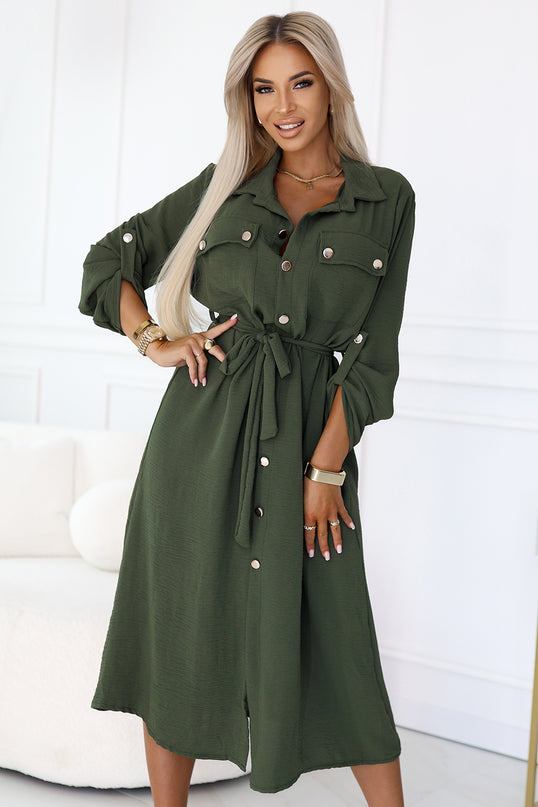 531-5 Midi Shirt Dress with Gold Buttons and Tie - KHAKI