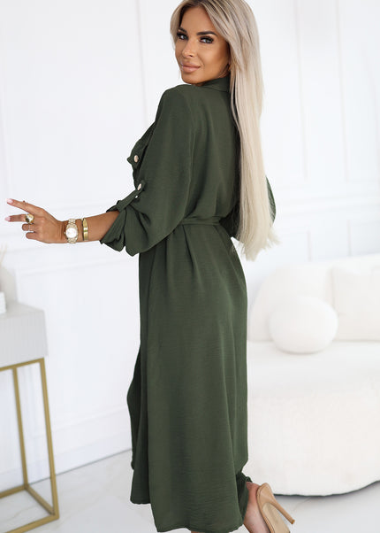 531-5 Midi Shirt Dress with Gold Buttons and Tie - KHAKI