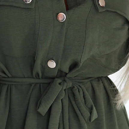 531-5 Midi Shirt Dress with Gold Buttons and Tie - KHAKI