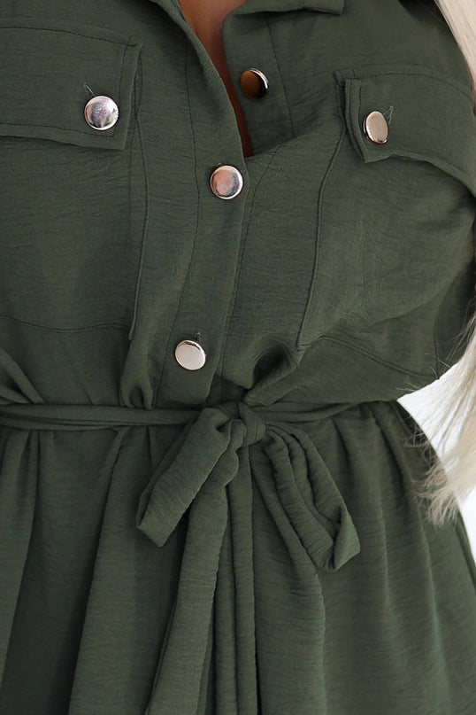 531-5 Midi Shirt Dress with Gold Buttons and Tie - KHAKI