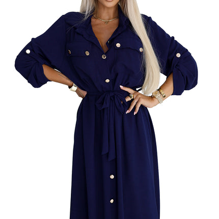 531-6 Midi Shirt Dress with Gold Buttons and Tie - Navy Blue