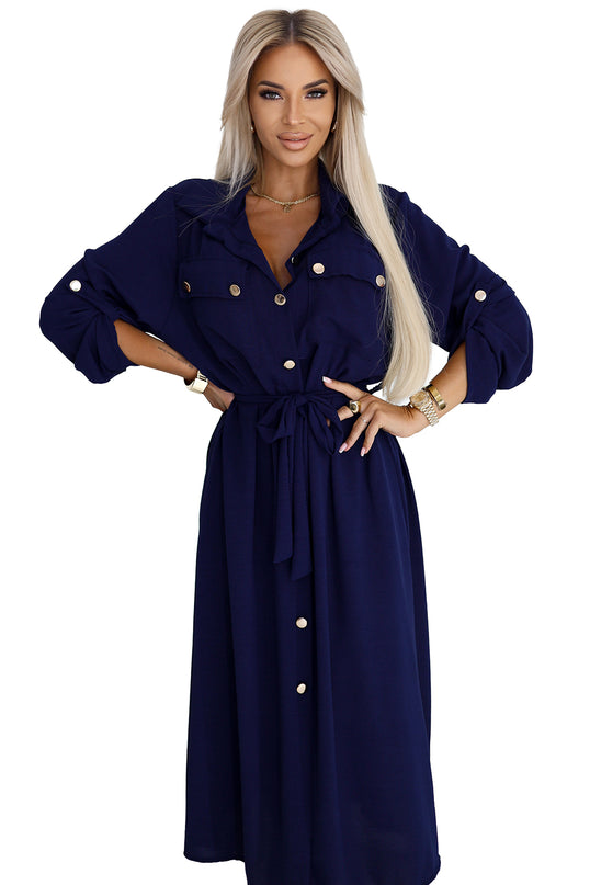 531-6 Midi Shirt Dress with Gold Buttons and Tie - Navy Blue