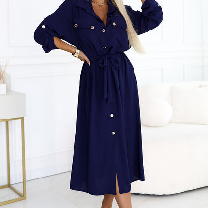 531-6 Midi Shirt Dress with Gold Buttons and Tie - Navy Blue