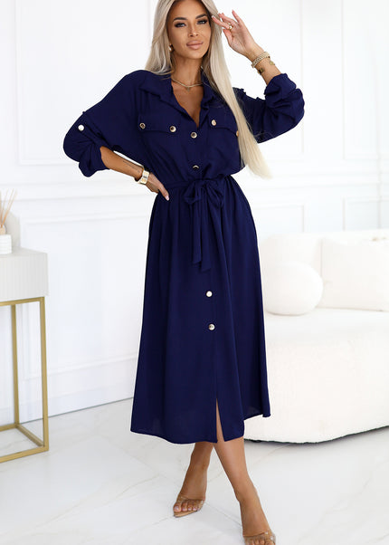 531-6 Midi Shirt Dress with Gold Buttons and Tie - Navy Blue