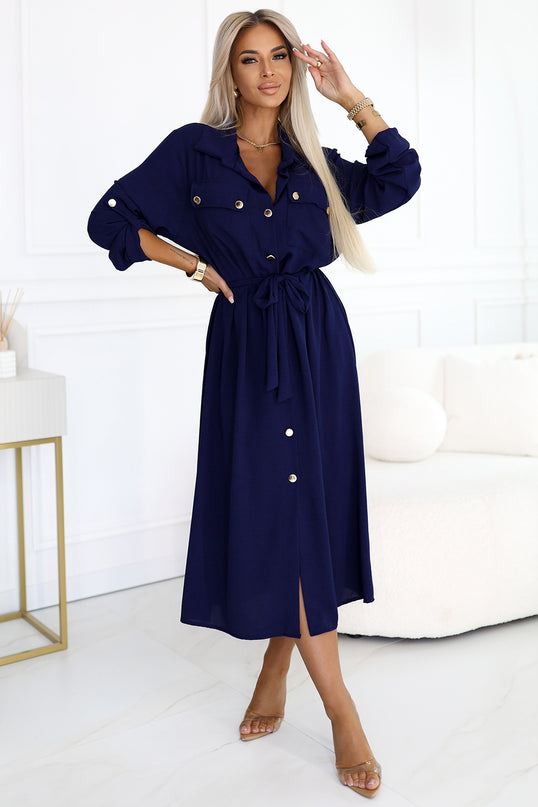 531-6 Midi Shirt Dress with Gold Buttons and Tie - Navy Blue