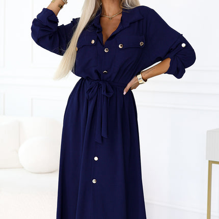 531-6 Midi Shirt Dress with Gold Buttons and Tie - Navy Blue