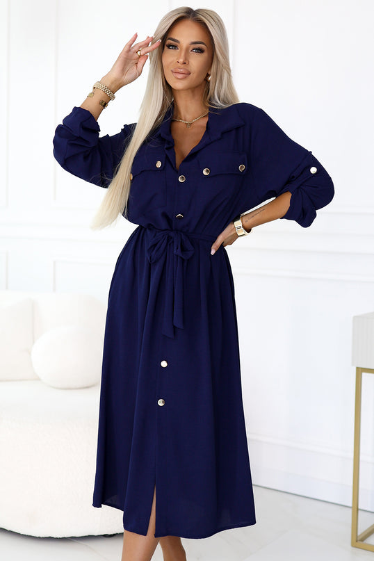 531-6 Midi Shirt Dress with Gold Buttons and Tie - Navy Blue