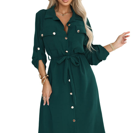 531-7 Midi shirt dress with gold buttons and tie detail - green