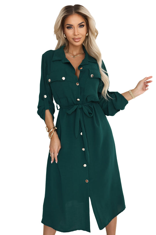 531-7 Midi shirt dress with gold buttons and tie detail - green