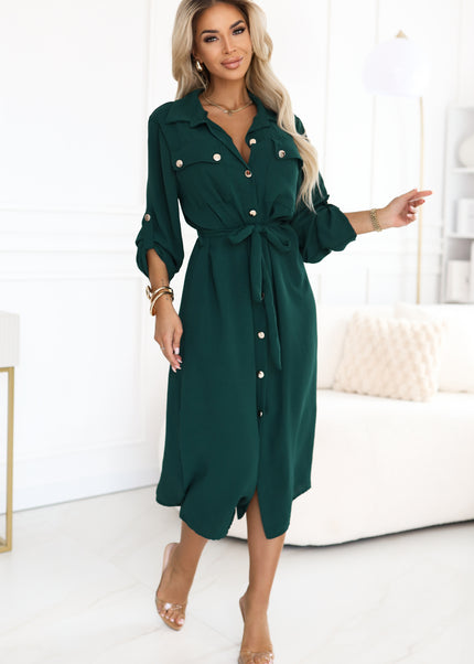 531-7 Midi shirt dress with gold buttons and tie detail - green