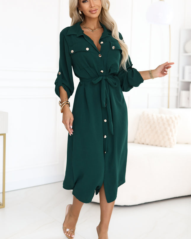 531-7 Midi shirt dress with gold buttons and tie detail - green