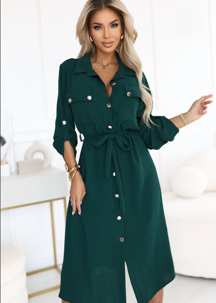 531-7 Midi shirt dress with gold buttons and tie detail - green