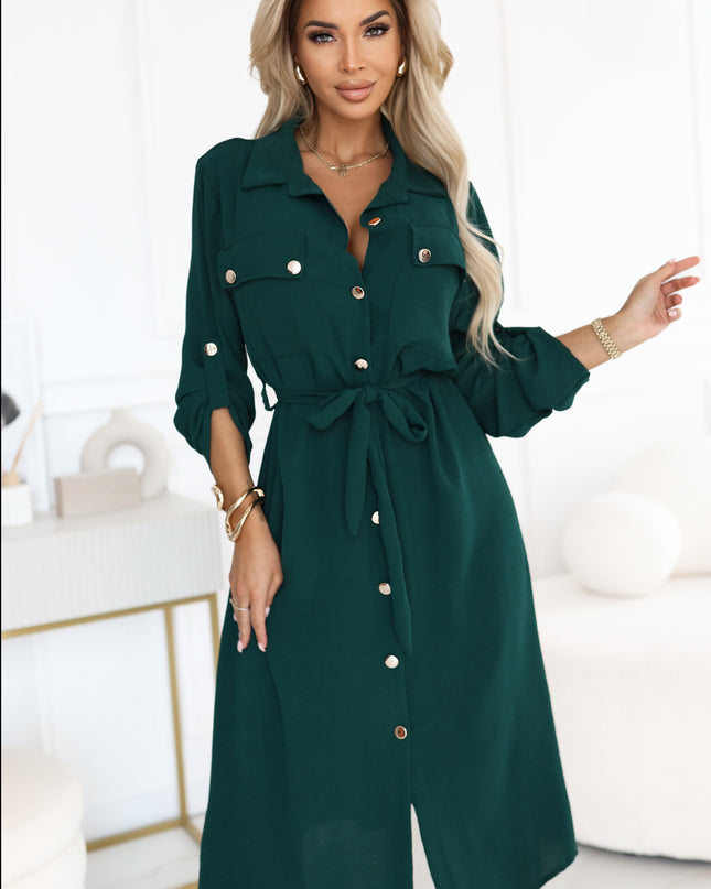 531-7 Midi shirt dress with gold buttons and tie detail - green