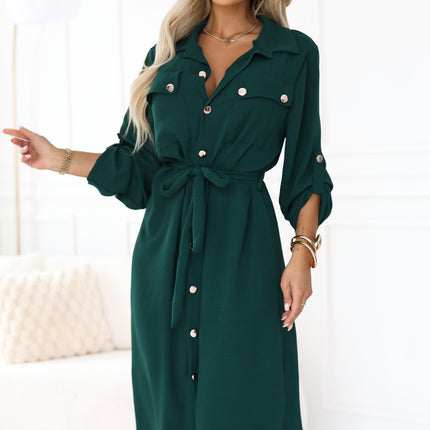 531-7 Midi shirt dress with gold buttons and tie detail - green